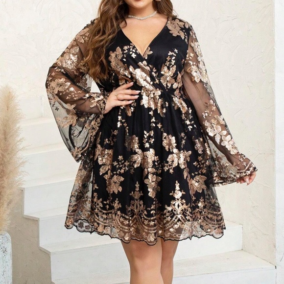 Luxe Floral Sequin Embroidered Sheer Sleeve Party Dress - Picture 8 of 11